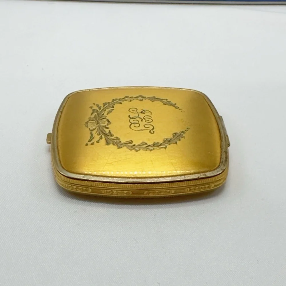 Vintage Gold Tone Powder Double Compact Mirror Mid Century Vanity